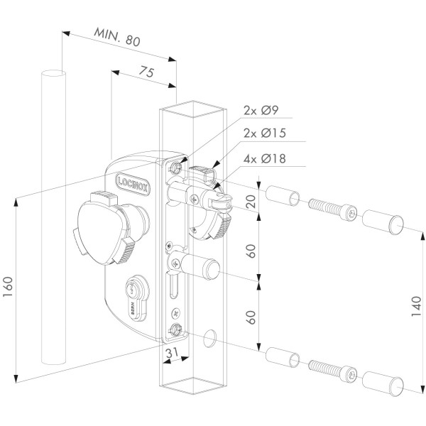 Zamek basenowy LAKZ4i4i P1L WSI - Do profila 40 mm